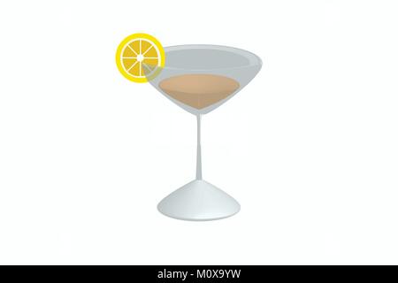 Illustration of cocktail with lemon slice on the glass in 3D, vector of alcoholic drink in a martini glass and a twist of lemon on it/ drink Stock Vector