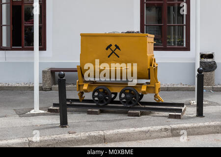 Mining carriage cart in front of Antony's Shaft Mining Museum in Idrija, Slovenia Stock Photo