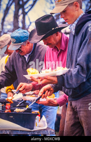 Ranch neighbors help with a cattle roundup and branding in South Dakota. Stock Photo