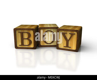 3d alphabet baby block made of wood on reflective white background spell out the word boy Stock Photo