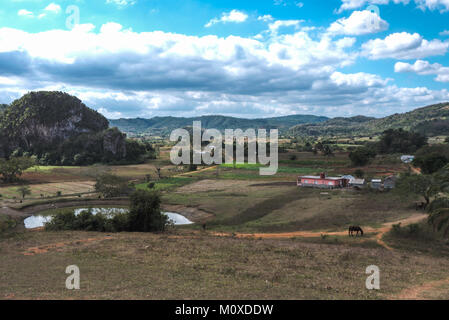 View of farmland with rolling hills and pond in Vinales, Cuba Stock Photo