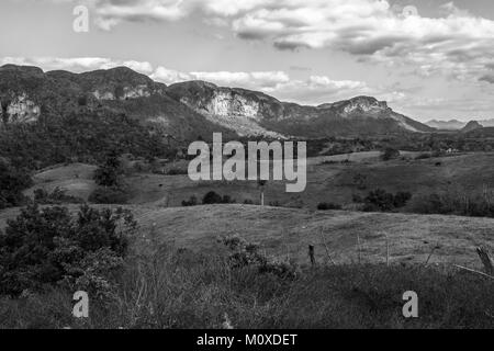 View of farmland with rolling hills in Vinales, Cuba. Black and White Stock Photo