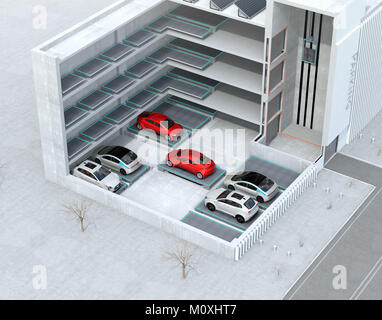 Cutaway concept image for automatic car parking system by AGV (Automated  Guided Vehicle). 3D rendering image. Stock Photo