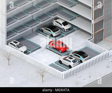 Isometric cutaway image for automatic car parking system by AGV (Automated  Guided Vehicle). 3D rendering image. Stock Photo
