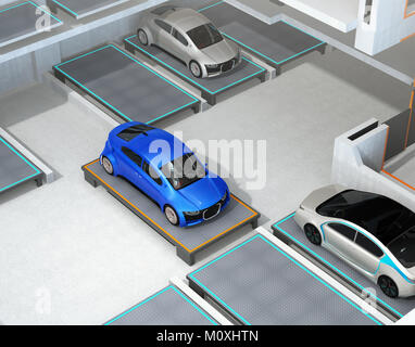 Automated Guided Vehicle (AGV) carrying blue car to parking space. Concept for automatic car parking system. 3D rendering image. Stock Photo