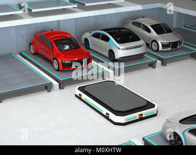 Automated Guided Vehicle (AGV) carrying red car to parking space. Concept for automatic car parking system. 3D rendering image. Stock Photo
