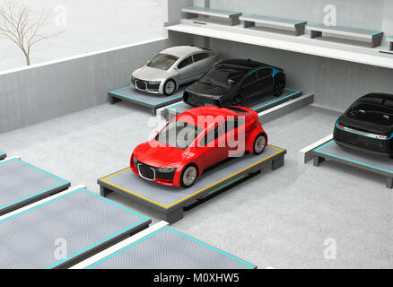 An automated guided vehicle (AGV) carrying a red car to parking space. Concept for automatic car parking system. 3D rendering image. Stock Photo