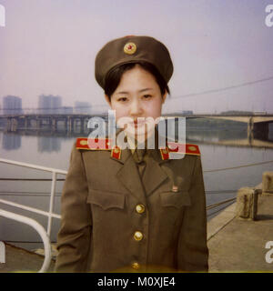 Polaroid of a North Korean guide called Kim at the victorious fatherland liberation war museum, Pyongan Province, Pyongyang, North Korea Stock Photo