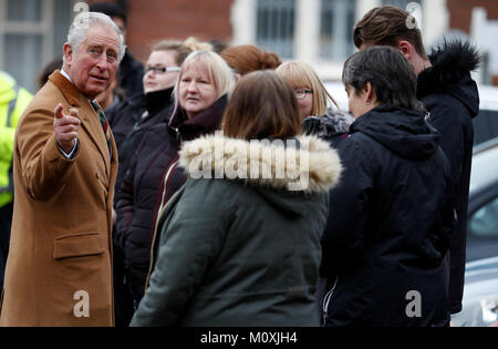 The Prince of Wales talks to well wishers as he arrives at HMP Styal in Wilmslow for a visit to The Clink restaurant as part of his tour of Cheshire. Stock Photo