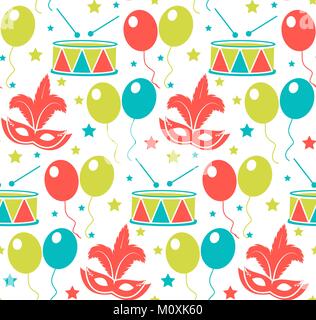 Carnival seamless pattern. Purim repetitive texture. Holiday, masquerade, festival, birthday party. Endless background, backdrop, wallpaper, paper. Vector illustration. Stock Vector