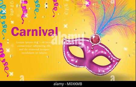 Bright carnival poster, invitation, greeting card. Masquerade Template for your design with mask feathers. Venetian carnival, Purim, Mardi Gras background. Vector illustration. Stock Vector