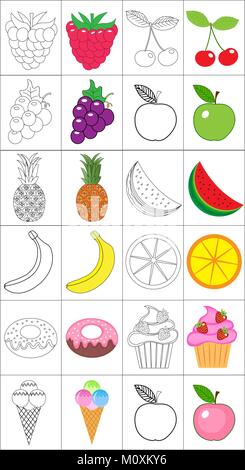Coloring book, page set. Fruits collection. Sketch and color version. Coloring for kids. Childrens education. Vector illustration. Stock Vector