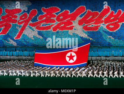 North Korean taekwondo team in front of a giant flag during the Arirang mass games in may day stadium, Pyongan Province, Pyongyang, North Korea Stock Photo