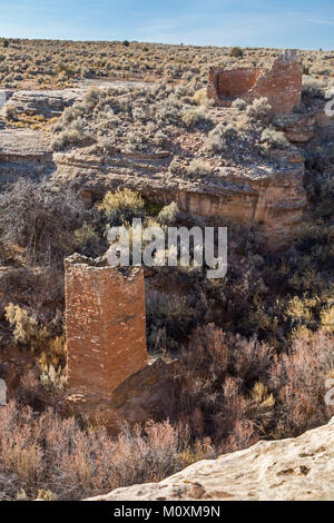 Hovenweep National Monument, Utah - The Square Tower, part of the Anasazi ruins situated around Little Ruin Canyon. The two story building has a sligh Stock Photo