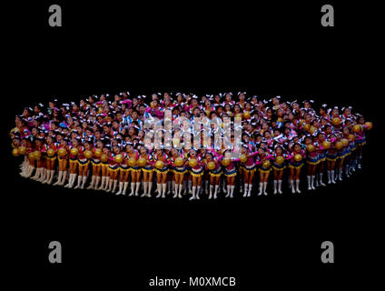 North Korean children performing during the Arirang mass games in may day stadium, Pyongan Province, Pyongyang, North Korea Stock Photo