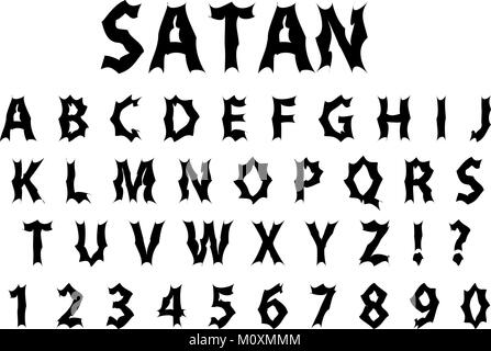 Satan typography scary font. Lettering typeface gloomy hellouvin style. Trendy alphabet rock, goth, punk Latin letters from A to Z. Isolated on white background. Vector illustration. Stock Vector