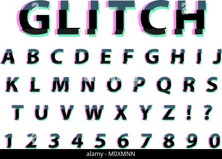 Glitch typography noise font. Lettering typeface distorted style. Trendy alphabet interference Latin letters from A to Z. Isolated on white background. Vector illustration. Stock Vector