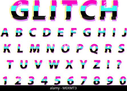 Glitch typography noise font. Lettering typeface distorted style. Trendy alphabet interference Latin letters from A to Z. Isolated on white background. Vector illustration. Stock Vector
