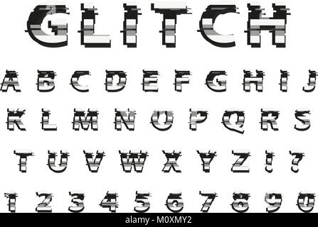 Glitch typography noise font. Lettering typeface distorted style. Trendy alphabet interference Latin letters from A to Z. Isolated on white background. Vector illustration. Stock Vector