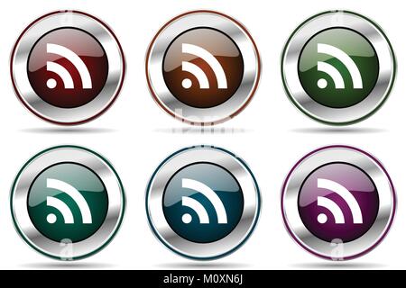 Rss vector icon set. Silver metallic chrome border icons for web design and smartphone applications Stock Vector