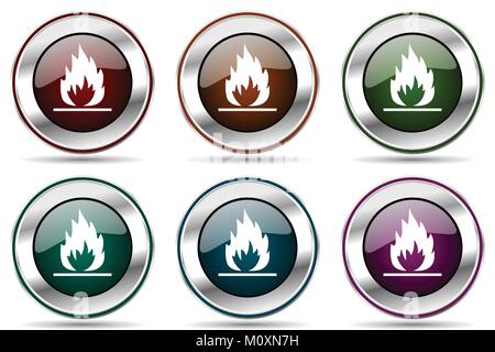Flame vector icon set. Silver metallic chrome border icons for web design and smartphone applications Stock Vector