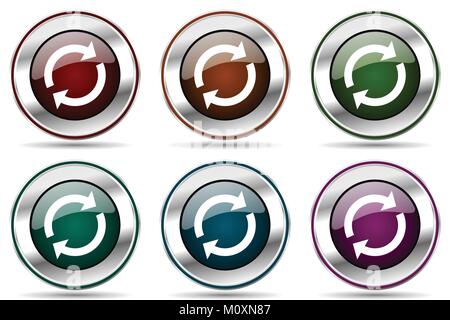 Reload vector icon set. Silver metallic chrome border icons for web design and smartphone applications Stock Vector