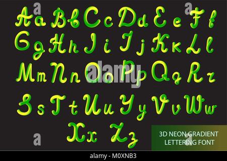 Neon 3D Typeset with Rounded Shapes. Tube Hand-Drawn Lettering. Font Set of Painted Letters. Night Glow Effect or liquid. Trendy alphabet Latin letters from A to Z. Vector illustration. Stock Vector