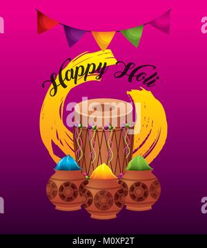 happy holi greeting card dholak gulal powder color Stock Vector