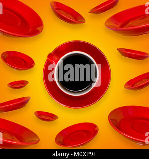 Creative surreal design with a red coffee cup and saucer on a yellow background. A cup and saucers flying in the air. Stock Photo