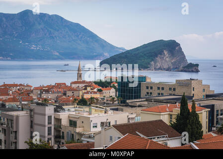 Old Town, Hotel Avala and Sveti Nikola Island in Budva city on the Adriatic Sea coast in Montenegro Stock Photo