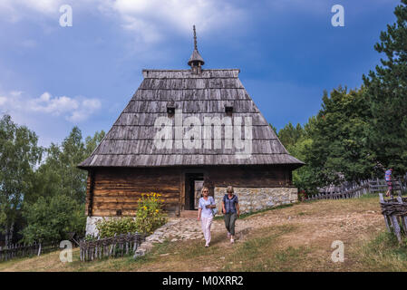 Traditional wooden cottage from 1882 in Ethnographic heritage park called Old Village Museum in Sirogojno village, Zlatibor region, Serbia Stock Photo