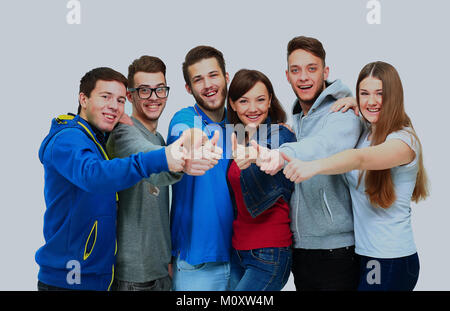 Happy joyful group of friends cheering isolated on white background. Stock Photo