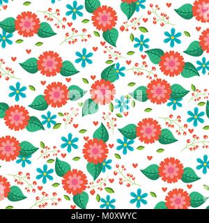 seamless pattern blue and orange flowers leaves hearts berries decoration Stock Vector