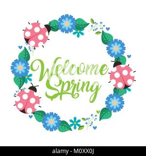 wreath flowers ladybugs welcome spring decoration Stock Vector