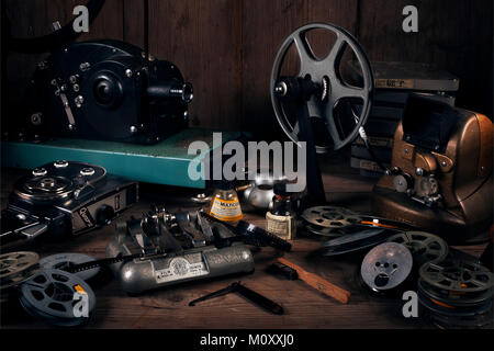 Still life Cine film equipment. Home cinema equipment from 1930s to 1950s. Stock Photo