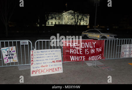 Emphatic protest signs at White House after day of protests, rally and march; 1st anniversary of Women's March on Washington. Jan. 20, 2017.