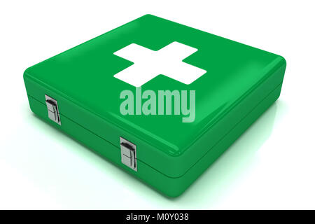 portable first aid kit in green with white cross, isolated on white background Stock Photo