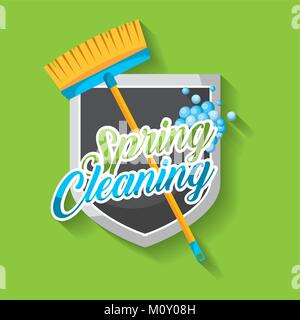 spring cleaning poster with broom shield emblem clean bubbles Stock Vector