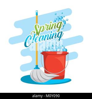 spring cleaning set mop red plastic bucket with foam Stock Vector