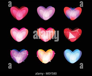 Beauty unusual hearts collection. Abstract polygonal design. Valentines Day symbols, vector ilustration. Cyber love logo template. Stock Vector