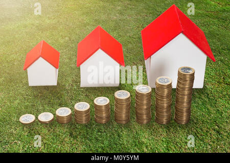 Stack Of Increasing Coins In Front Of House Model On Green Grass Stock Photo