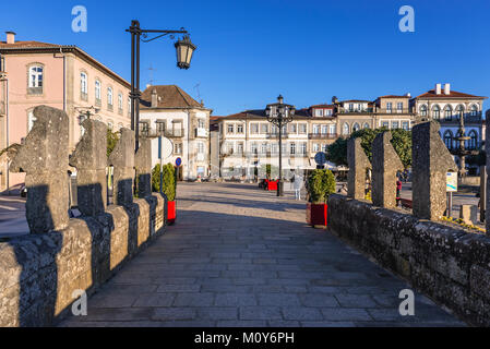 View on Camoes Square from Roman bridge over Lima River in Ponte de Lima city, part of the district of Viana do Castelo, Norte region of Portugal Stock Photo