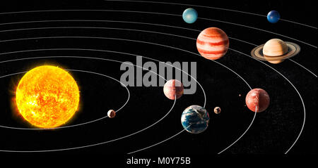 Sun and planets of the solar system, 3D rendering Stock Photo