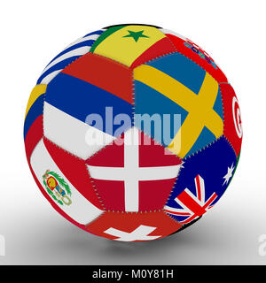 Soccer ball with the color of the flags of the countries participating in the world on football, in the middle of Russia, Sweden and Denmark, 3D rende Stock Photo