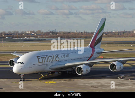 DUESSELDORF, GERMANY - JANUARY 05, 2017: Airbus A380-800 of Emirates Airline taxiing at the airport of Duesseldorf Stock Photo