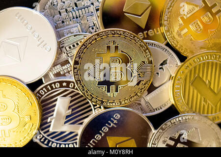 Bitcoin, litecoin, etherium coins close up dark theme Stock Photo
