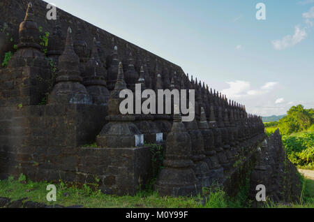 Rows of small stupas on different steps of the Koe-thaung temple in Mrauk U, Rakhine State, Myanmar Stock Photo