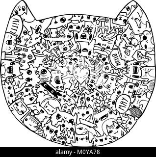 Vector black and white doodle illustration of cats. Hand drawn outline on white background. Isolated coloring book page. Stock Vector
