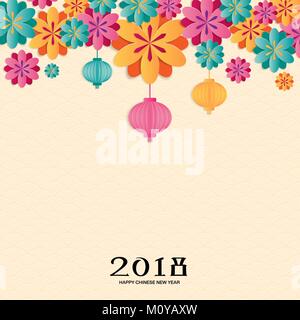 2018 Chinese new year background with cherry blossom, lantern, and traditional asian patterns. Paper art styles. Vector illustration. Stock Vector