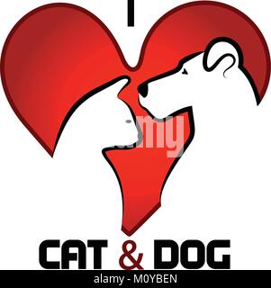 Cat and dog drawing inside of a red heart love pets lovers concept icon logo graphic design vector stock image Ai background template Stock Vector